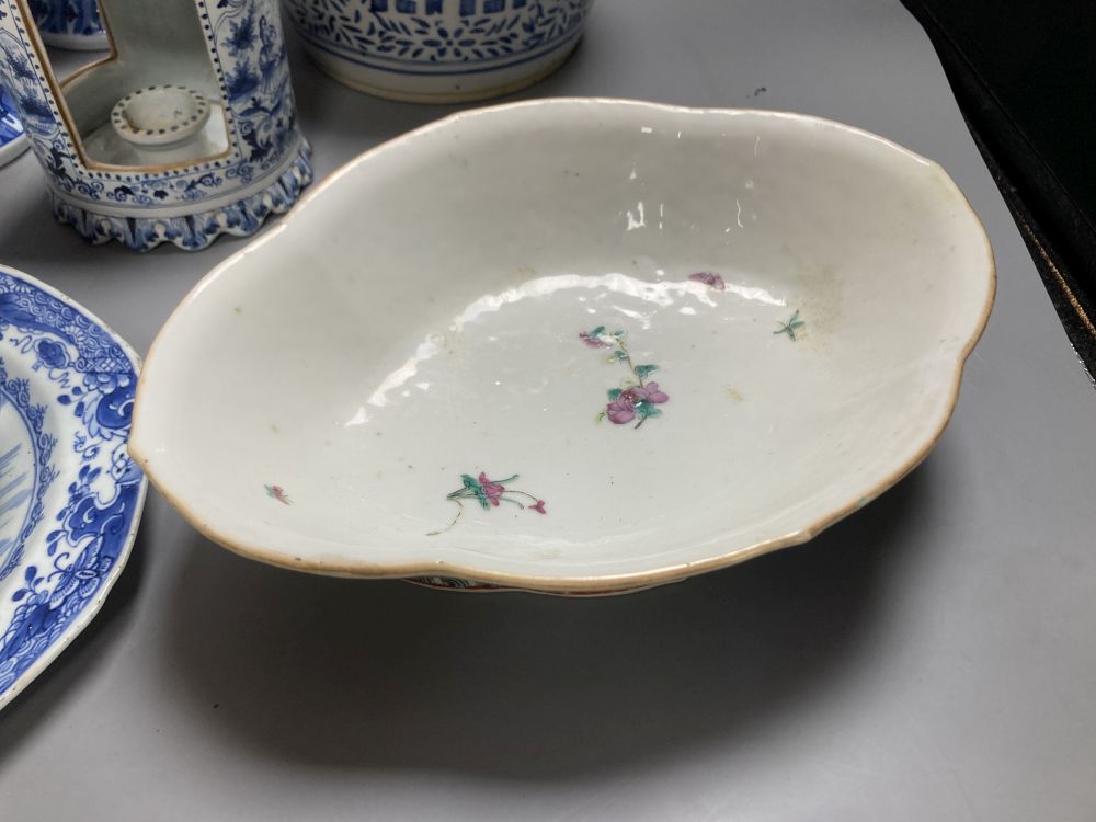 A Chinese famille rose dessert dish, 27cm, assorted Chinese blue and white porcelain and a delft ware hanging candle lantern, 26cm